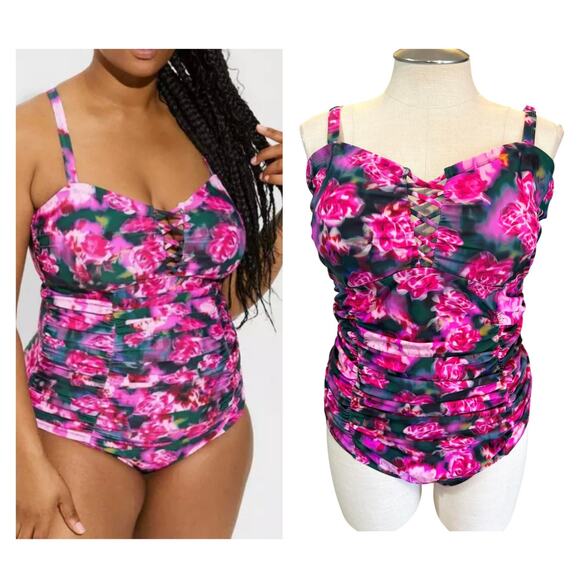 Torrid Plus Size 3 Pink‎ Roses Wireless One Piece Lattice Lace Up Swimsuit 3X - Picture 1 of 4